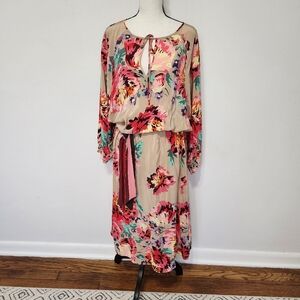 Anthropologie Tibi New York Floral Midi Dress Sash Puff Sleeves Keyhole Neck 10